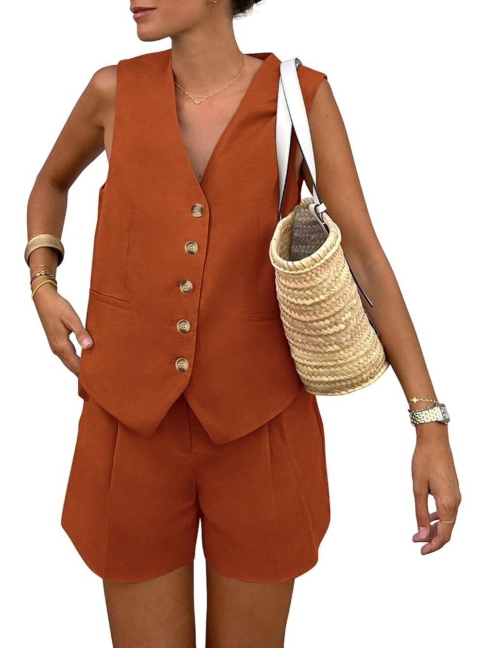 Women's Brick Red Summer 2 Piece Sleeveless Matching Sets Button Down V Neck
